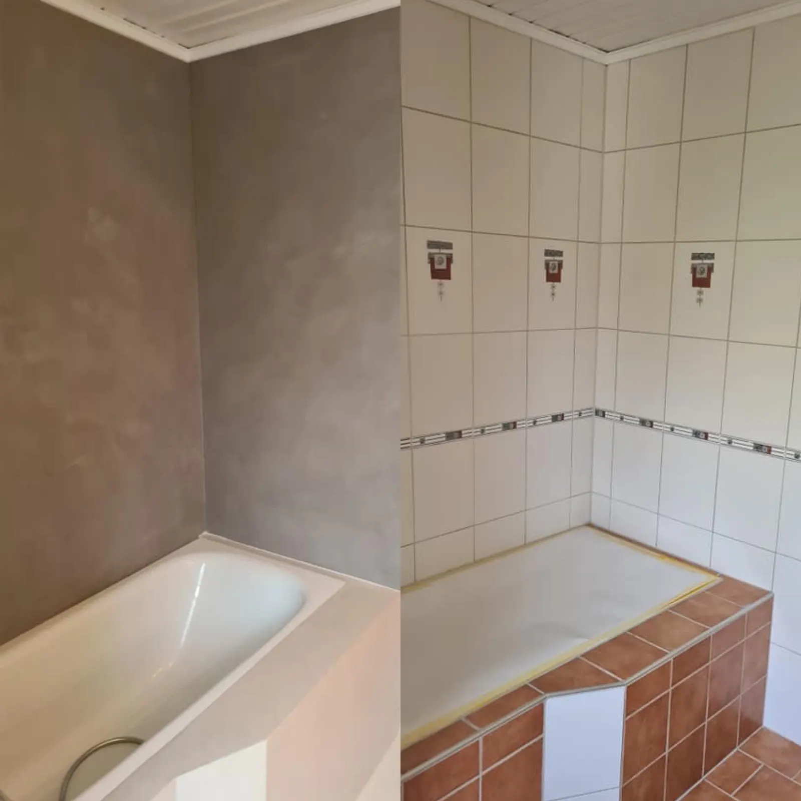 Badrum före och efter renovering med fogfria ytor