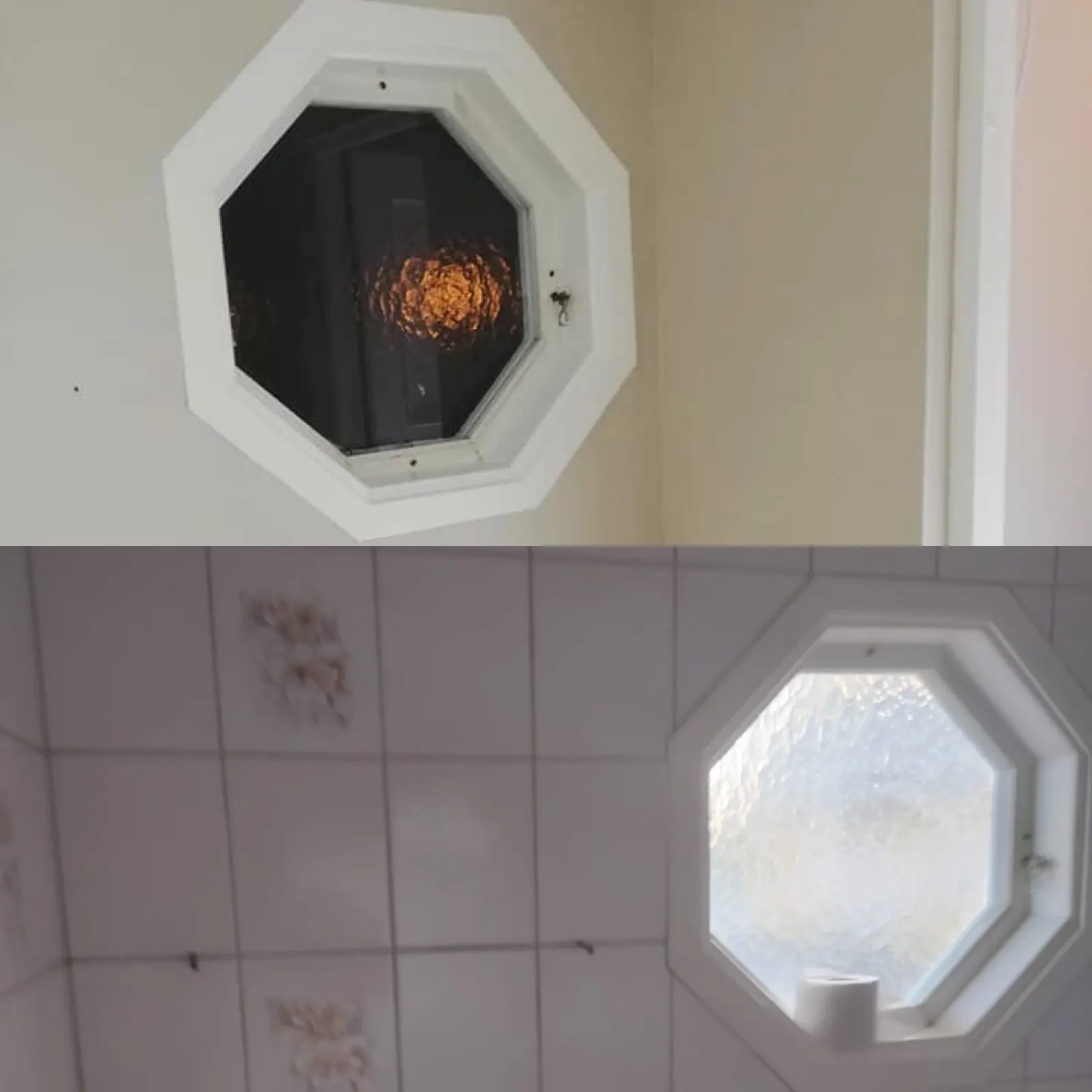 Badrumsvägg och fönster före och efter målning