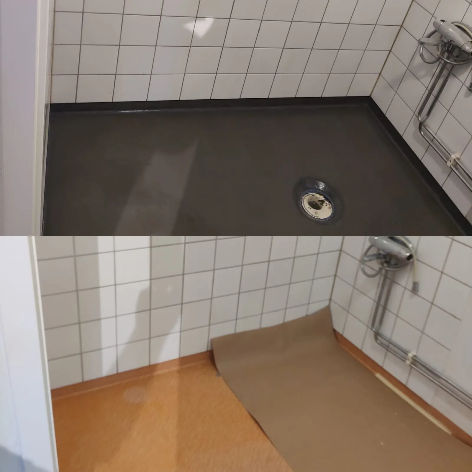 Golv i tvättutrymme före och efter renovering