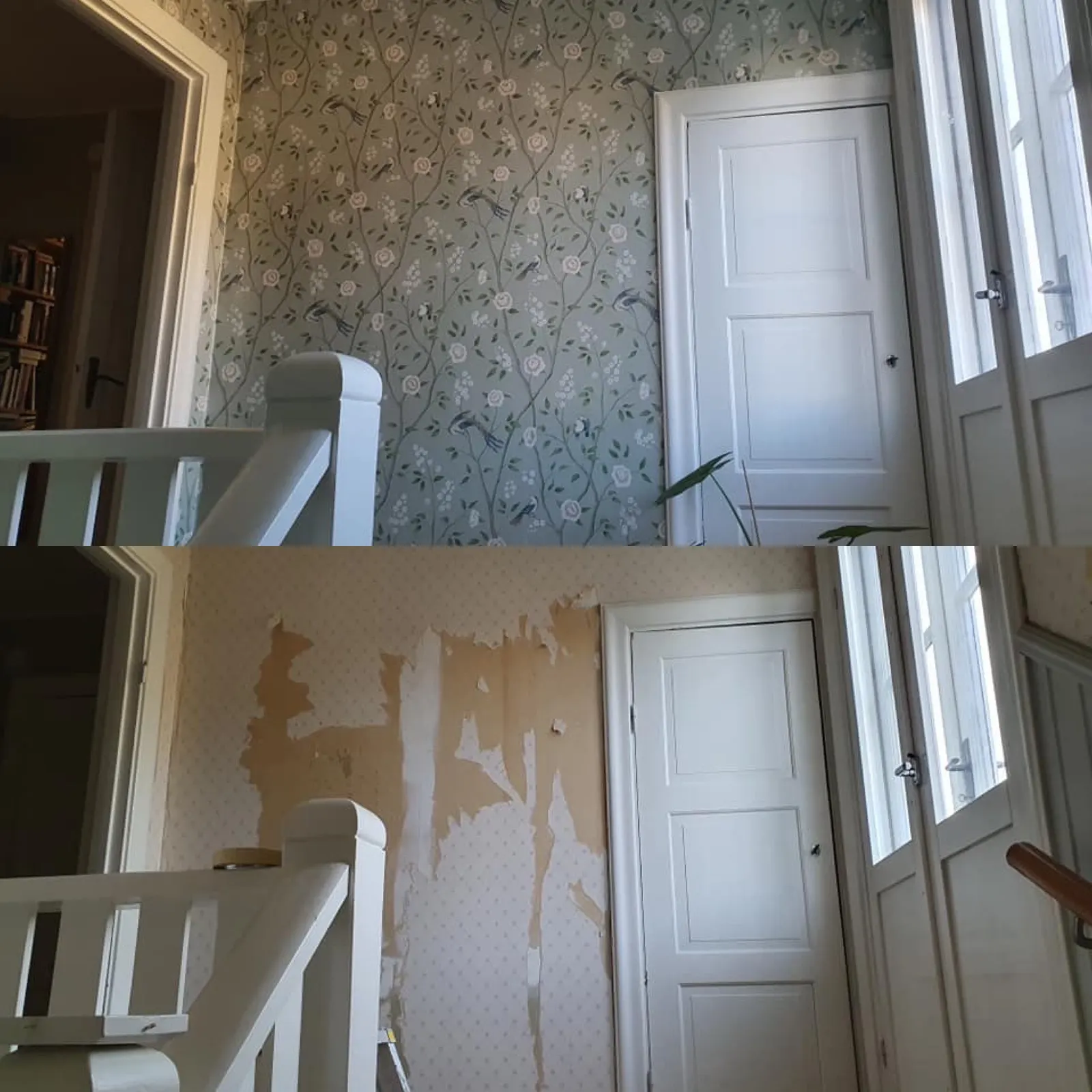 Hall före och efter tapetsering av Prima Måleri