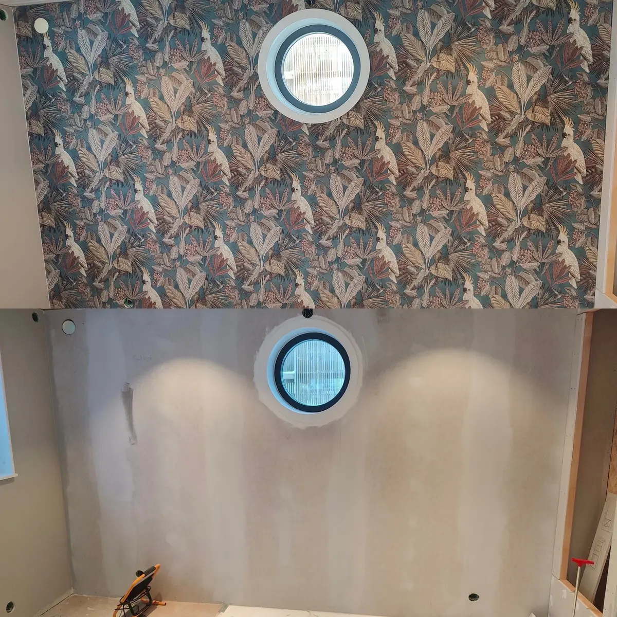 Innervägg före och efter förarbete och målning